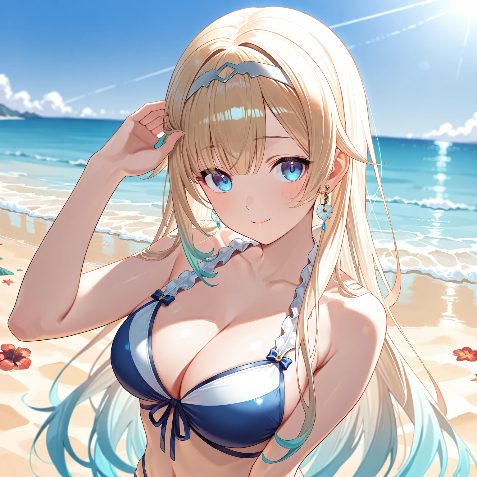 Gal、Ocean、Wearing a swimsuit、Her hair is blonde and silver、Face smiling happily、Around 25 years old、Anime style illustration long hair,