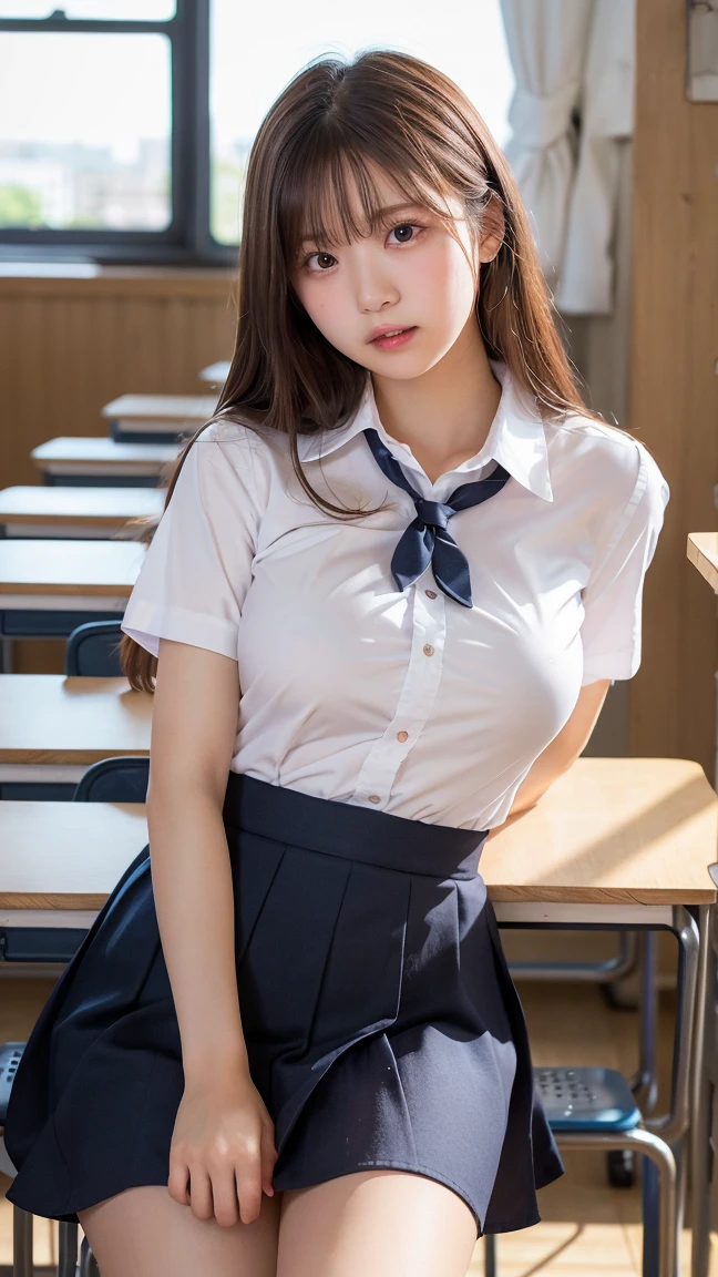 8K, Best Quality, real picture, Intricate details, Ultra-detailed, 超A high resolution, Depth Field,(Photorealistic,Realistic:1.2),masutepiece, 0.25 :: close-up , straight-on shot , from miiddle ,
1girl in, AI_chan, an extremely beautiful 17-year-old girl, Innocent big eyes, (brown_Short_hair), (Green_Eyes:1.0),(Bangs),disheveled hair,(hair clips), perfect glossy skin, flawless skin, Fair skin, Huge breasts, cleavage, Narrow waist, Light blush, Solo, Looking at Viewer, lightsmile,
chubby under the clothes, Sweat,
Wearing ((School_uniform), (white_Skirt),(Blue_long_tie), (Blue_pleats_Skirt), (Black_pantyhose) :1.2),
(Gravure Pose :1.1),
Sunset ,
High School in Japan ,