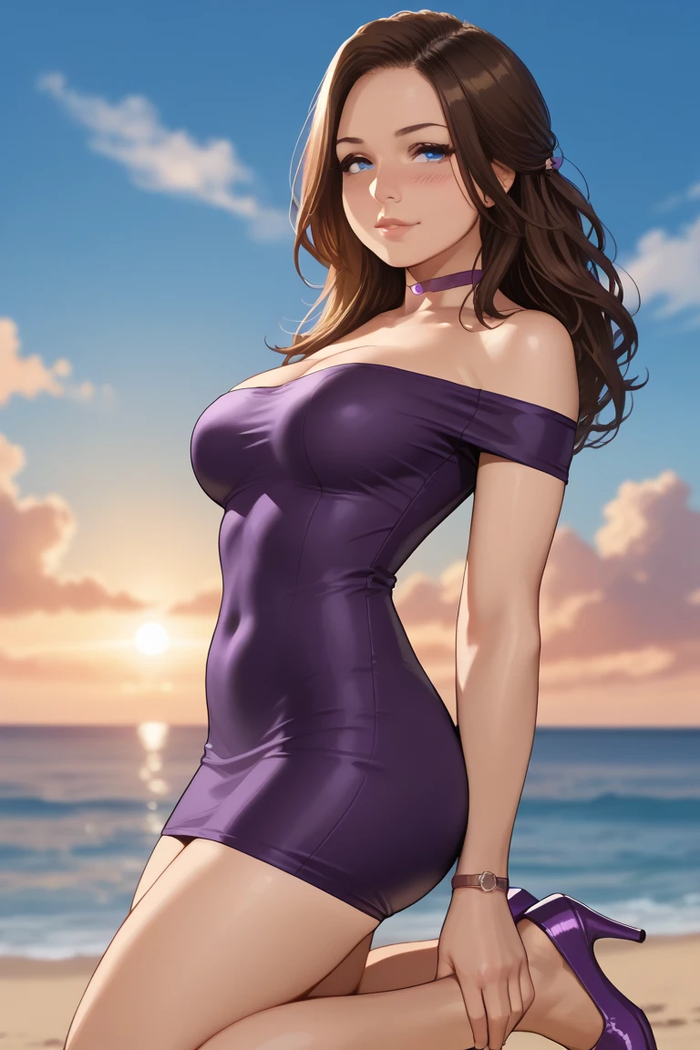 Sonozaki　Misao Sonozaki, masterpiece, best quality, attractive sexy mature woman posing in a very short revealing outfit probably trying to get attention at the sunny park, 1girl, solo, breasts, cleavage, dress shirt, midriff, skirt, smile, looking at viewer, standing, jewelry, necklace, right brown hair, wavy and curly hairstyle, long hair, large breast, tareme, nice ass, brown eyes, slender face, beautiful tits, beautiful ass, slim waist, 