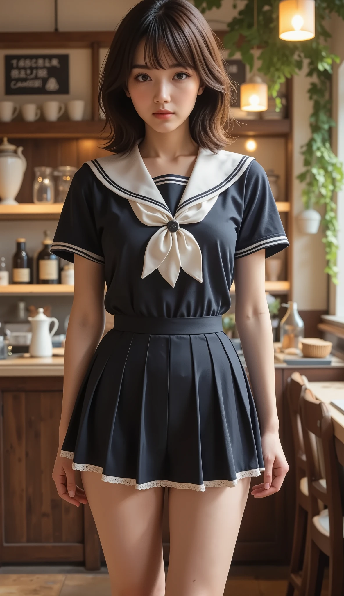 8k,super high resolution , top quality, Masterpiece,rule of thirds,golden ratio,surreal,Picture, one woman,Lower Body, standing in the teacher's house,Beautiful legs,From waist to toes,Japanese high school female sailor uniform,I don't wear a skirt,white lace underwear,black knee socks,Wearing Loafers,Beautiful legs,small breasts,smiling high school girl,beautiful eyes,Japanese high school girl uniform,Front Map, 3/4 view , cozy cafe interior, warm lighting