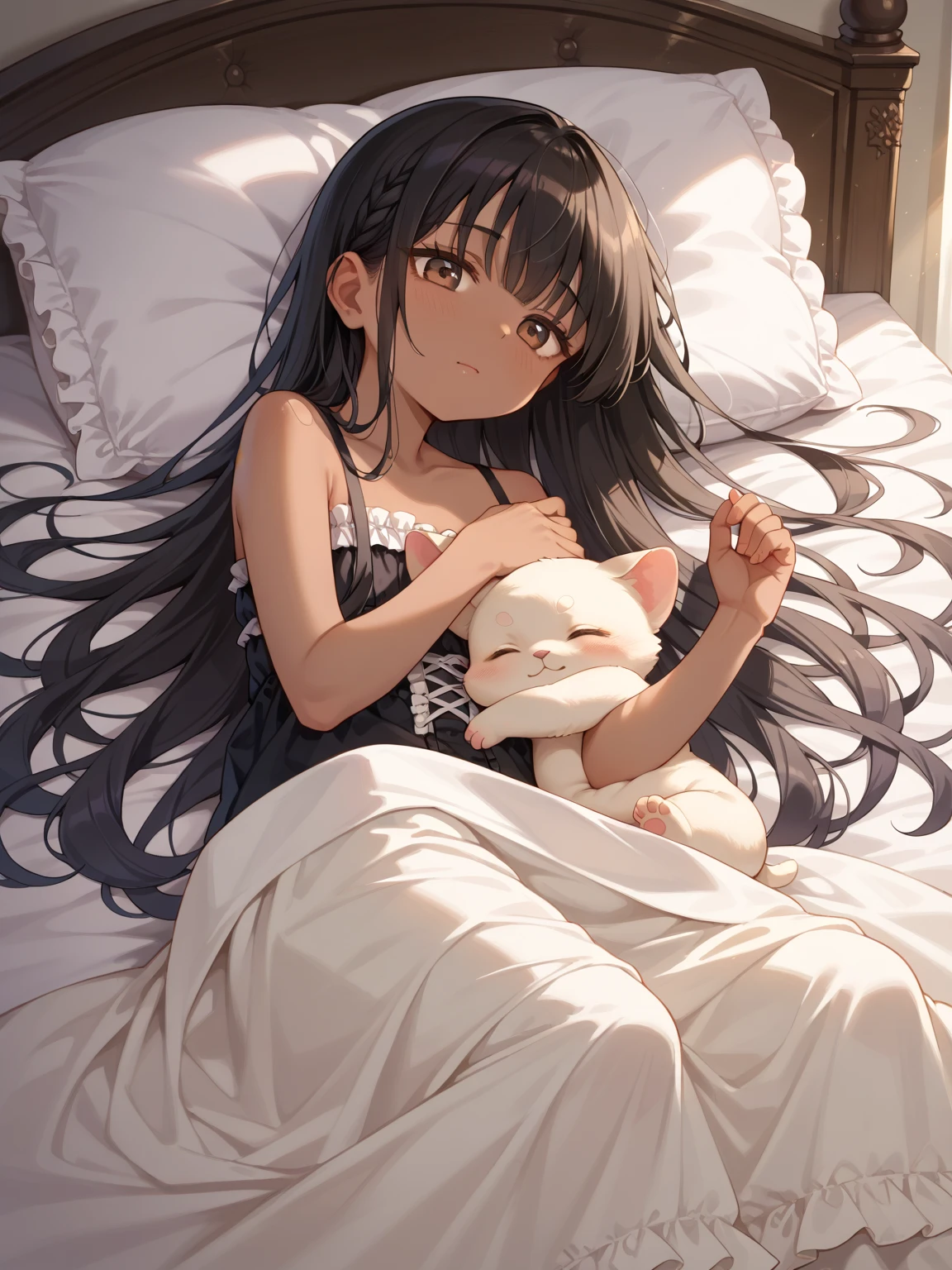(child),highest quality,Beautiful face in every detail,cute,Dark brown eyes,(背の低いcute女の子,Small young student,Young delicate girl),(masterpiece,Top quality),Black Hair,Sleepy expression,Sleeveless,(White shorts),Crouching
