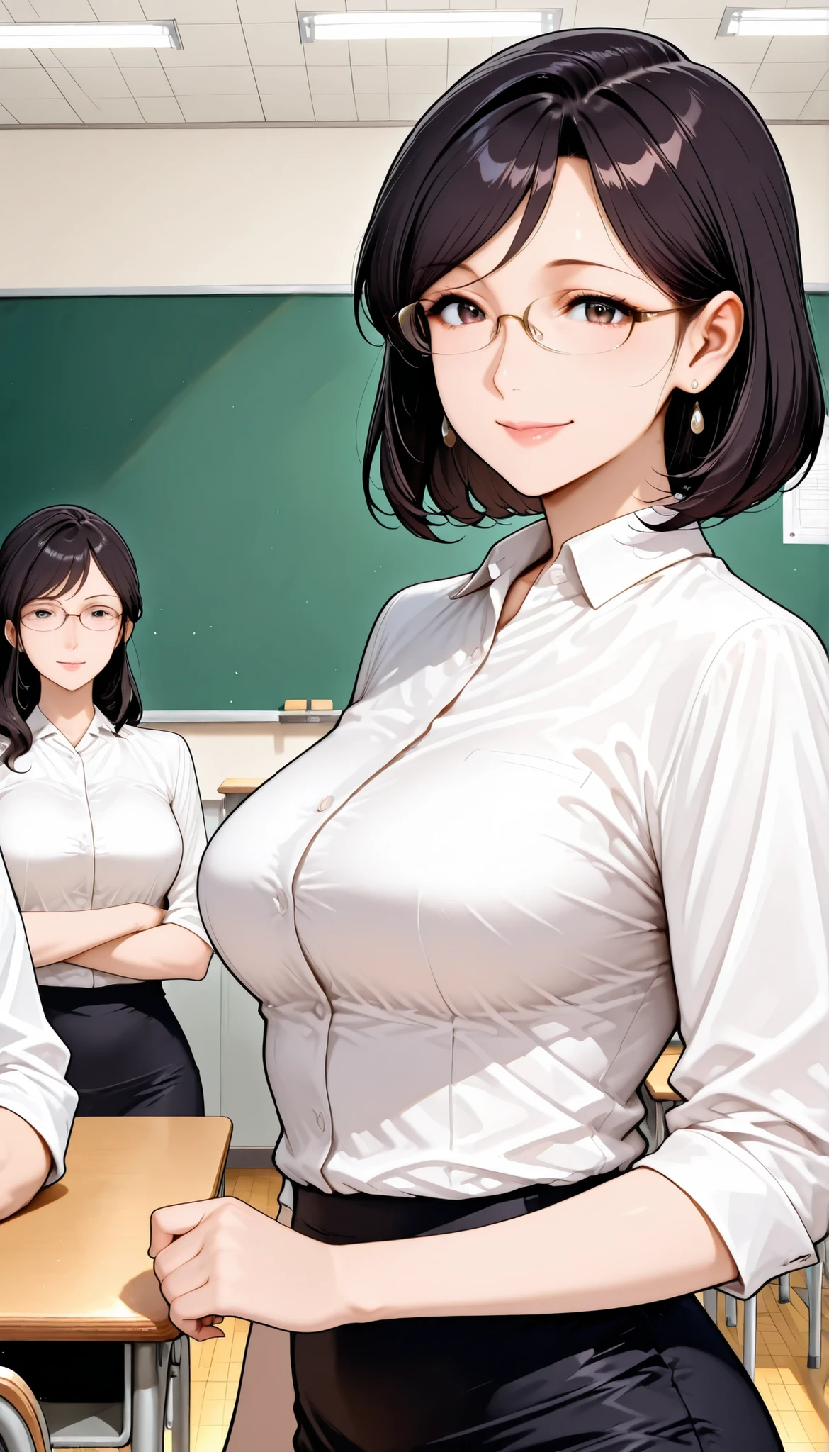 nude female teacher,sexy woman, mature, milf, huge breasts, large breasts, curvy, voluptuous, clompletely nude, nude, pussy, nipples, black hair, blue eyes, red lips, short cut, slick back hair, glasses, earring, necklace, grinning, standing, classroom, indoors, crowd of people, students