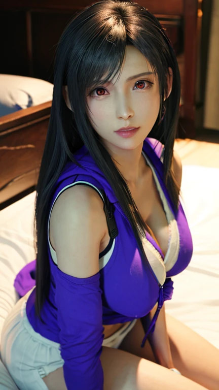 (masterpiece, highest quality:1.2), very detailed, intricate details, soft lighting, 1 girl,,(huge breasts:1.1), Princess, tiara, Lace Arm Sleeve, stockings, palace, (Liar:1.3),(highest quality:1.4) ,unreal engine,masterpiece, super resolution,(realistic: 1.3),abs,highest quality, silt,very delicate and beautiful, High resolution,NSFW, 1 girl, Tifa_lock heart, smile, black hair, long hair, purple dress,beautiful detailed red eyes, round chest, big breasts,in the bedroom, (blush:1.2)