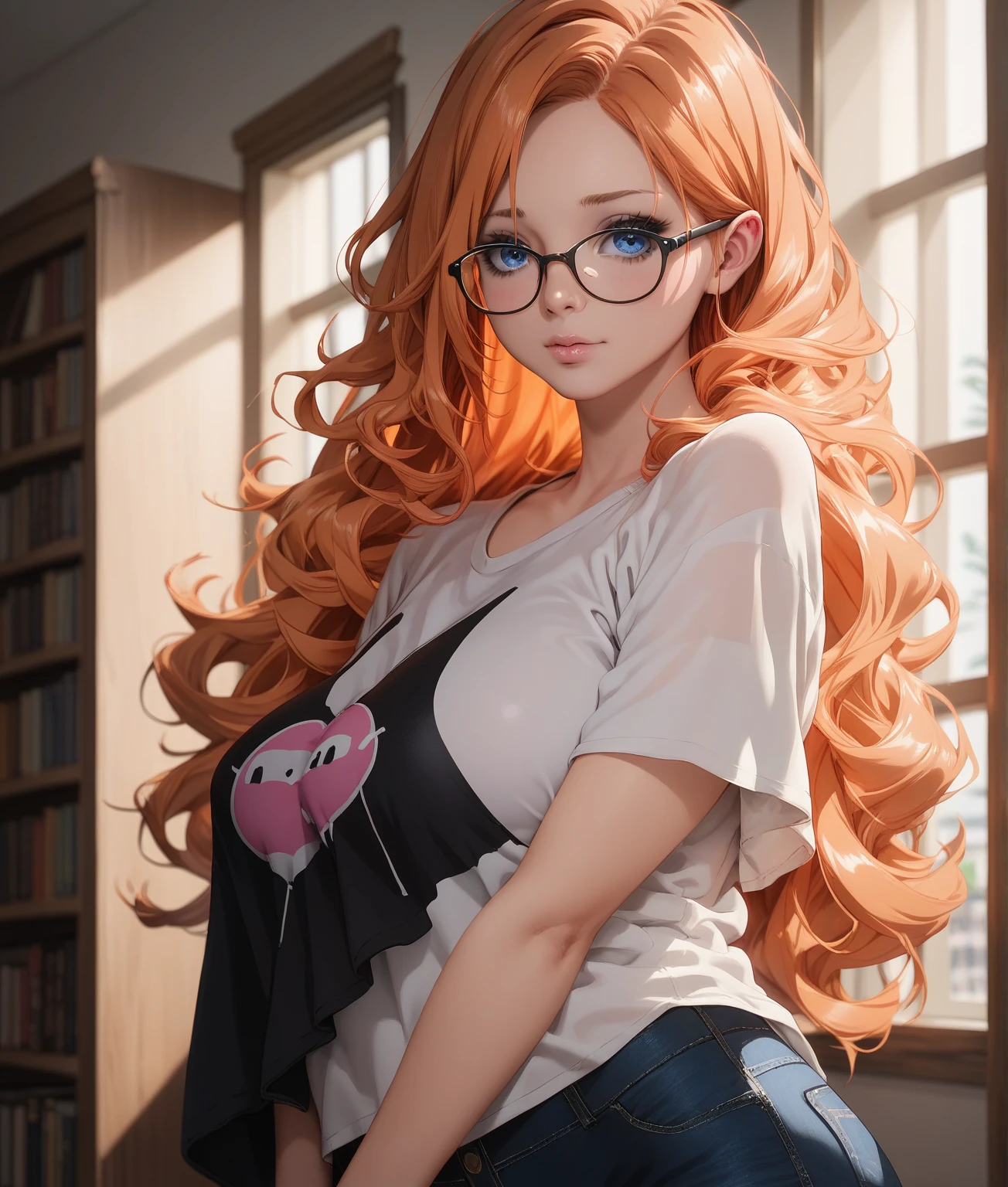 (masterpiece), (high quality), ginger hair, curly hair, long hair over shoulders, glasses, golden eyes, cute smile, sitting in bed, big boobs, slim waist, white bra top, (cleavage), white panties, bedroom, looking at viewer, thick thighs, long white pantyhose