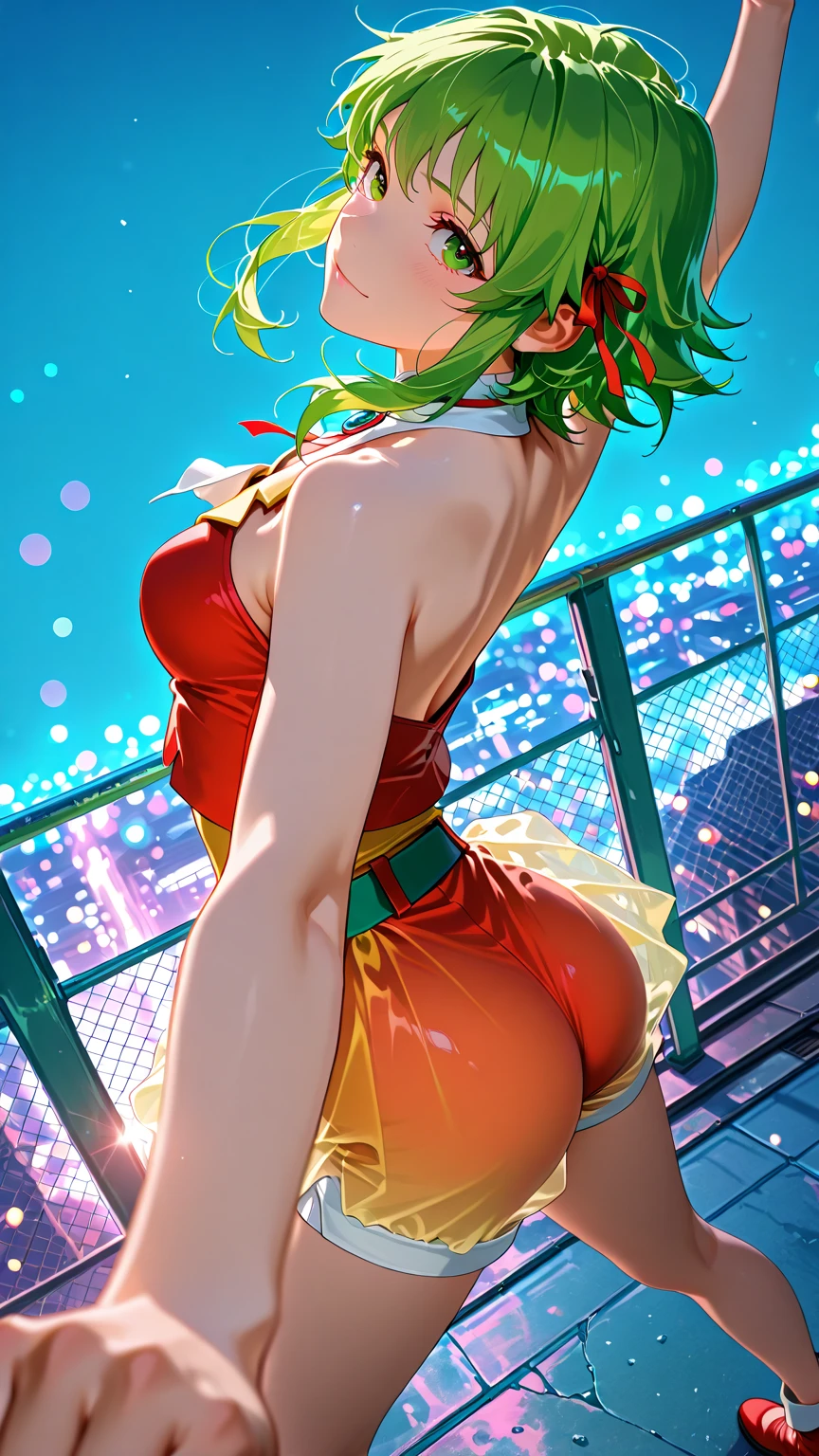 (best quality,4k,8k,highres,masterpiece:1.2),ultra-detailed,realistic,beautiful detailed eyes,beautiful detailed lips,extremely detailed eyes and face,longeyelashes,portraits,pink bikini,green hair, short hair,blue eyes,red mecha headgear,small breasts,smiling,piscina,sharp focus,vivid colors, full body in frame, sun light in front, less shadow, butt, from behind, vivid colors