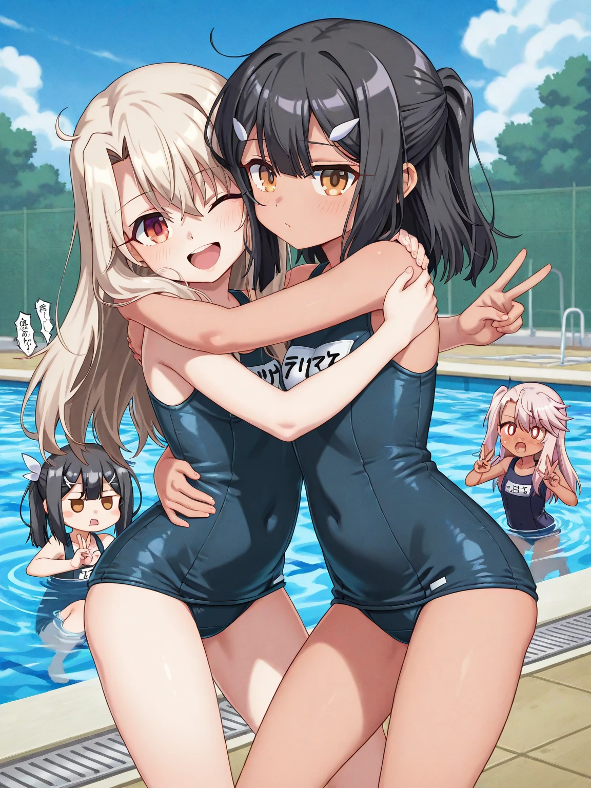 Two Girls、、School Swimsuit、Are standing、Small breasts and huge breasts、smile、Open your mouth、blush、Wet、Plump、Pool、yuri