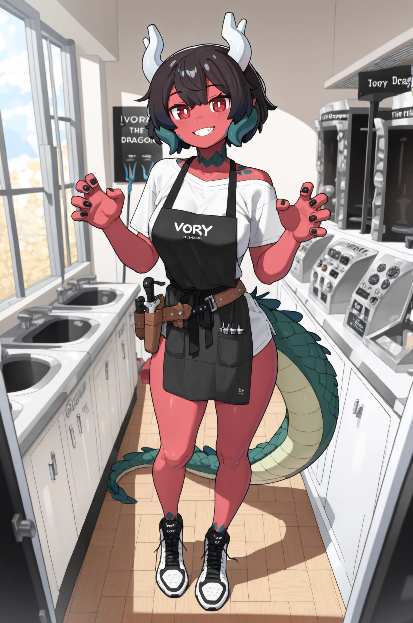 Latina teenage girl with red eyes, black dyied green hair, short and curly, wearing British , living in a cottage, tan body color, small, small breasts, slim. Anime style. 