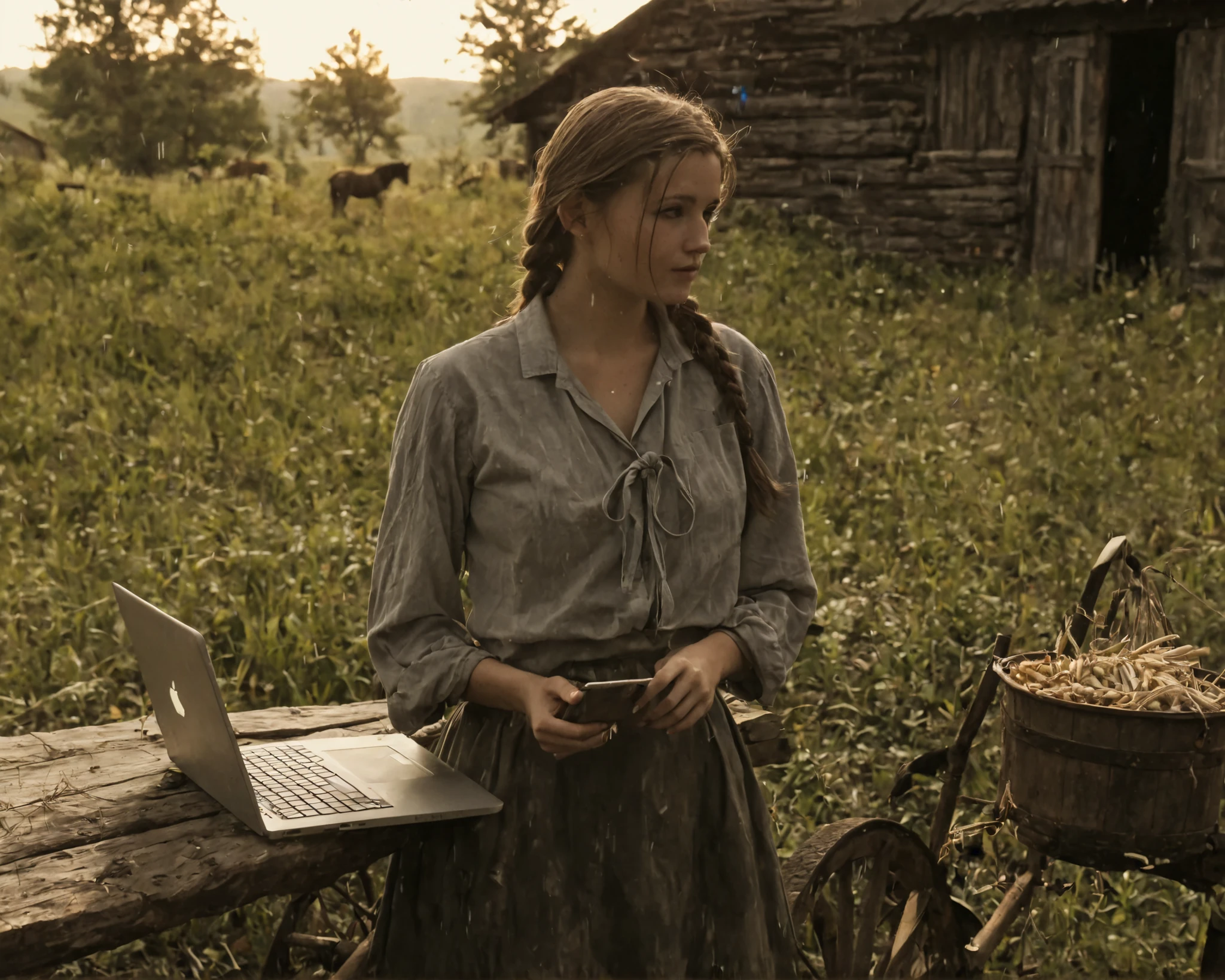 Main subject: a modern young adult woman holding a MacBook, casual contemporary outfit with subtle frontier touches — a faded cotton kerchief loosely tied around her neck, a simple lightweight apron overlay draped over her skirt edge, slightly roughened hands as if from light outdoor work, relaxed thoughtful expression, looking slightly off-camera. She wears breathable, slightly sheer work-style blouse with rolled-up sleeves and a loosely tied bodice that suggests ease of movement and a hint of natural curves without being revealing, and a skirt that allows motion, showing the suggestion of her silhouette beneath. Sharp modern MacBook clearly visible and unaged (emphasize the laptop:1.6), contemporary clothing detail preserved (contemporary outfit crisp:1.4), but her appearance carries soft fabric textures and muted tones echoing period materials, blending into the scene.

Setting: late 19th century American frontier homestead, richly detailed vintage silver gelatin print style with sepia tone and faded muted earthy colors; heavy film grain; scratched and creased edges; soft vignetting; slight blur with high contrast of aged photography; golden hour rim light haloing her hair with soft backlight bloom. Surrounding rustic elements densely layered: weathered wooden fence, wagon wheel propped against a rough-hewn cabin wall, cast-iron pot on hearth, hanging dried herbs and braided garlic, bundles of dried corn and hand-stitched quilts draped over barrels, wooden buckets, faded family photographs pinned to rough boards, rolling prairie beyond with tall grasses, distant horse-drawn wagon, a lantern hanging from a post, faint barn animals in background. Background softly out of focus to create depth but clearly full of era-authentic life. Natural skin sheen softened to analog film texture, subtle exposure irregularities, light leaks at edges, fine scratches, creased corners for photographic aging. Nostalgic slice-of-life atmosphere where past and present overlap poeticall