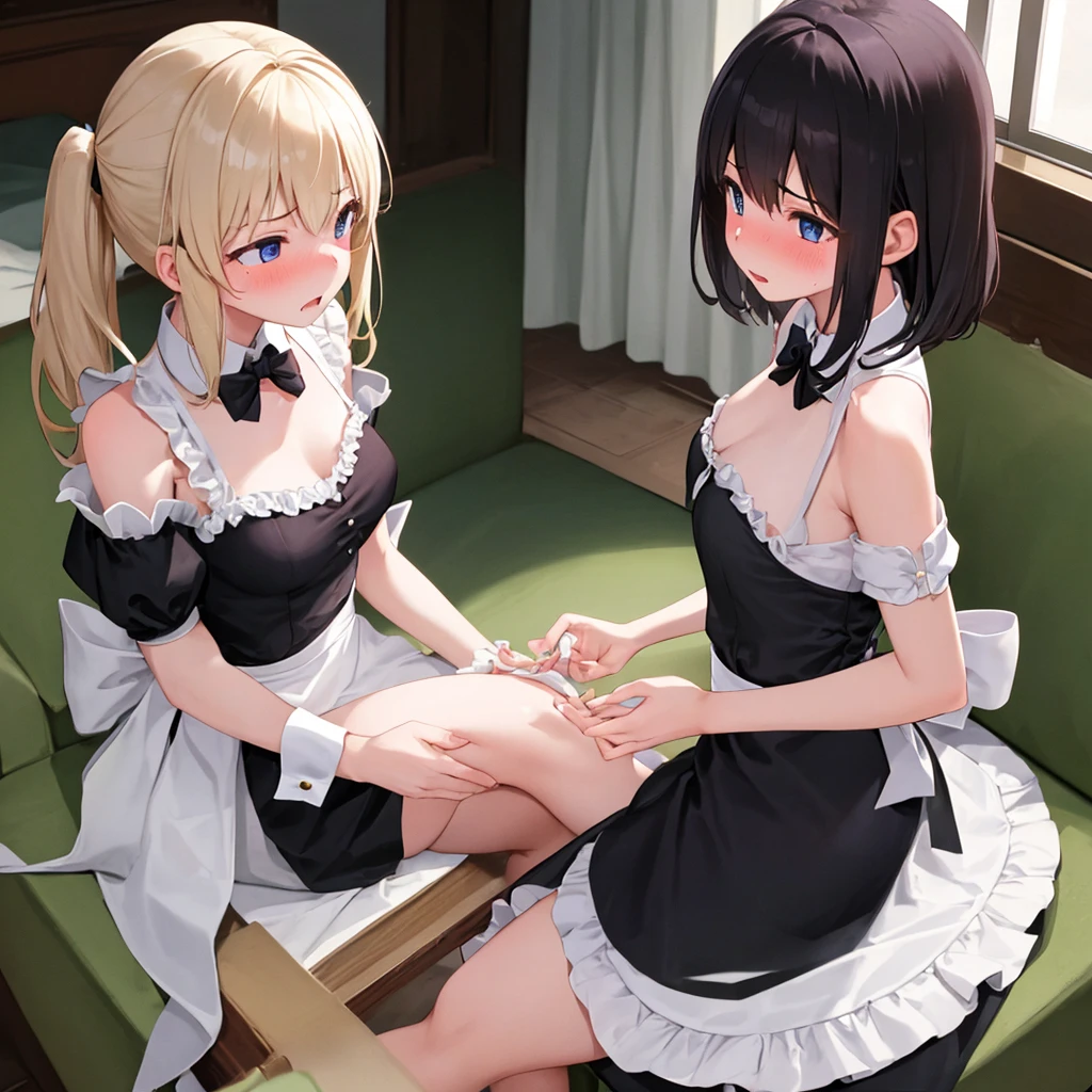 A group of  maids, (in bedroom), various hair styles, harem, night, details face, short skirt, seducing, sleeveless, sweaty armpits 