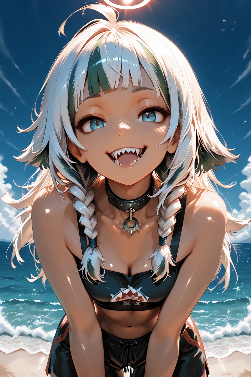 anime, moe, cute, soft lighting, vivid color,
masterpiece, best quality, shiny skin, 1girl, demon horns, curvy, shiny skin, pale skin, white skin, long hair, platinum blonde hair, red eyes, bikini, looking at viewer, outdoors, beach,
splashing, in water, wet,