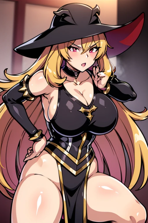 masterpiece), Highest quality,
One girl, (Ultra-high resolution:1.6), (eyelash:1.5),
(Exquisitely detailed body:1.2),
Yellow Hair,
(bangs:1.1), (ponytail:1.1),
Purple eyes, (Gothic Makeup, Red lipstick, eye shadow:1.1),
(Pale skin:1.1), (Huge breasts:1.8),
Grin, Open your mouth,
(Gold embroidered bodysuit, Belly button cutout, tattoo:1.2), (pantyhose:1.2),
(Witch Costume:1.2),
(ribbon:1.1), (jewelry:1.1), gloves,
Are standing, peace,
(whole body:1.1),
( White Background:1.2)"、Obscene lines、(お腹にObscene lines)お腹にtattoo