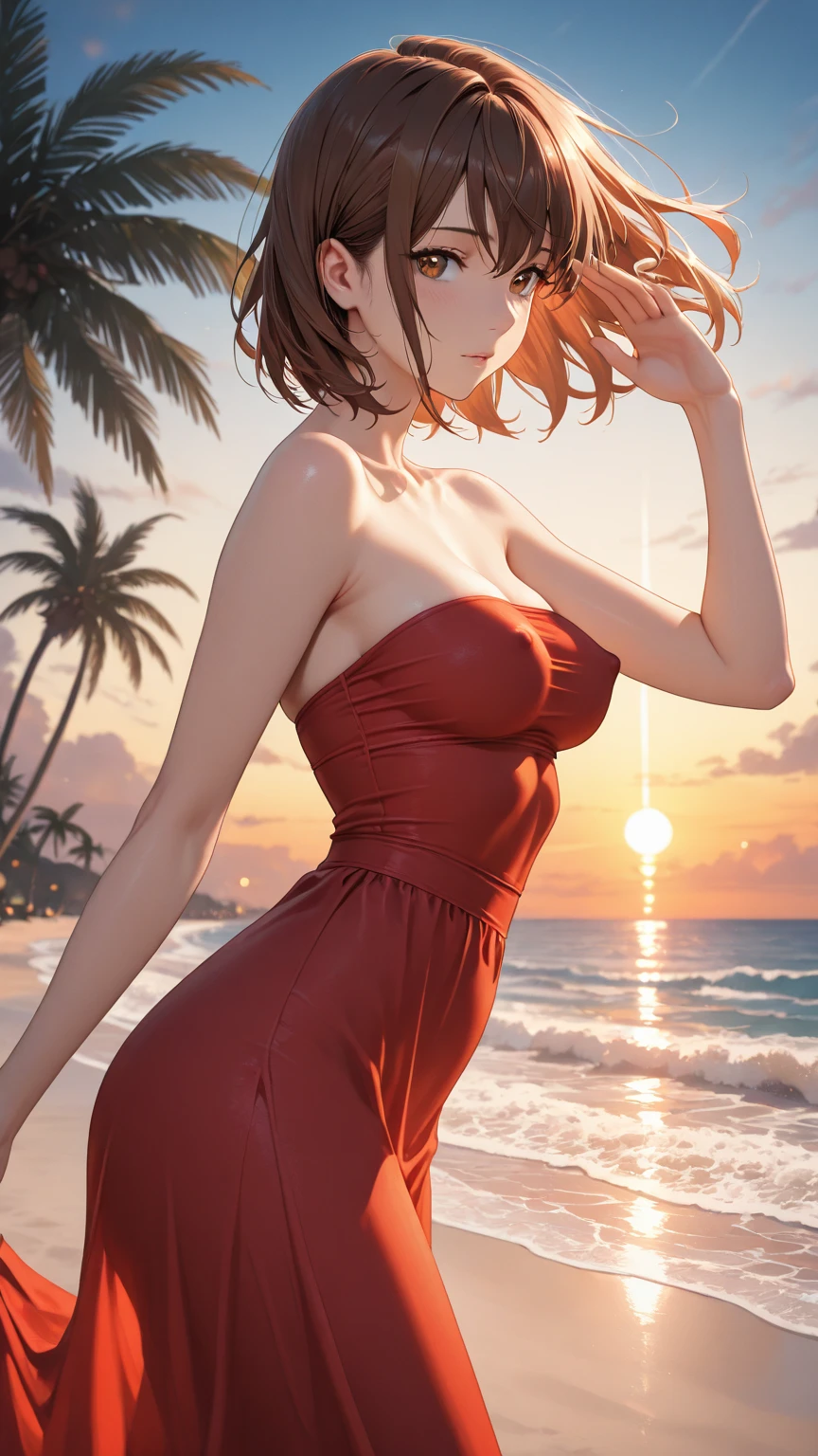 (masterpiece, best quality), photorealistic, cinematic, anime girl in flowing, bohemian-style maxi dress with floral patterns, seaside, 1 girl, red hair, (sleek bob cut:1.5), full-body shot, head to toe visibility, perfect anatomy, curvaceous body, alluring, perfect eyes, perfect hands, medium-sized breasts, round ass, long round legs, standing on the shoreline, one foot slightly forward, with the dress gently swaying in the breeze, the model could have a relaxed, confident stance, a soft, serene smile that reflects the tranquil beauty of the seaside setting, the model's gaze can be focused on the horizon or the water, conveying a sense of calm and appreciation., extremely detailed Artgem, ig model, artgem, alena aenami and artgem, krenz cushart and artgem, artgem and atey ghailan