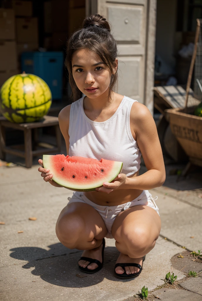A girl wearing blue angel wings, mouth open, holding a big cucumber, sunlight shining on her face, eyes looking at the guy in front, hair studded with tulips, skin as white as peeled eggs, hair long black pigtails, has large seductive breasts covered by a purple bra, wears a purple maid outfit, poses, surrounded by a green lawn with grazing cows