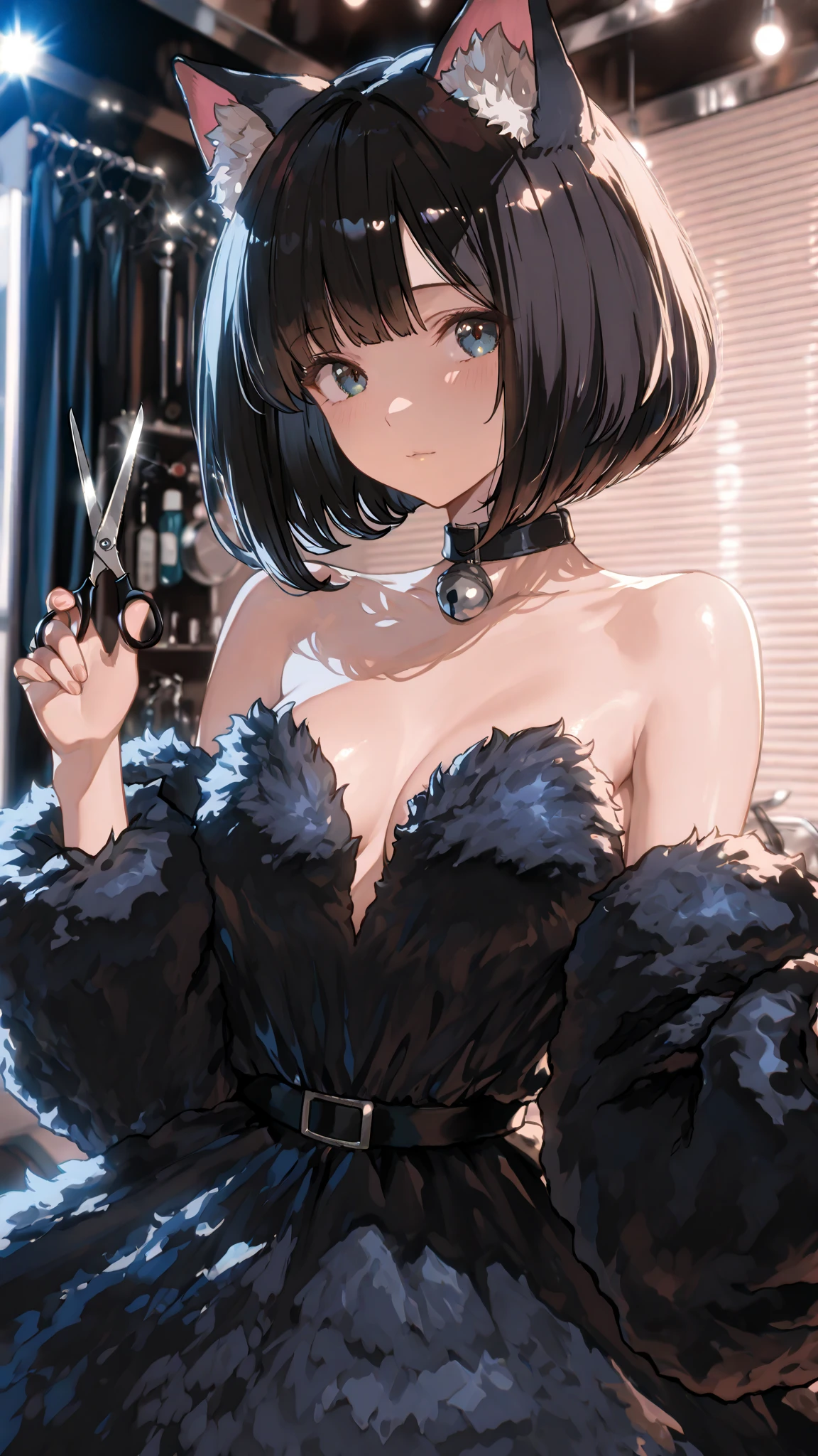 masterpiece, best quality, high-resolution, finely detailed, extremely detailed and beautiful, distinct_image, 1 girl, solo, very sexy, lift skirt, random low back angle, uncensored, nsfw, sin censura, white ruffled blouse, pleated A-line skirt, tanned white skin, oval face, plump cherry pink lips, thin eyebrows, big round eyes, bright purple-black hair with a American Pixie cut hairstyle, narrow waist with small curvy hips, sandals, sapphire coloured eyes, modest breast size, thin body