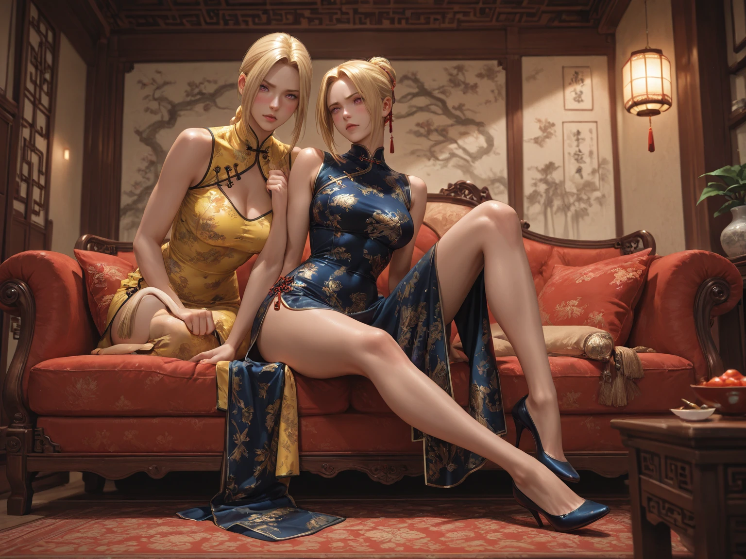 1girl, elegant Kim Cattrall, 25 years old, (((short blonde))), Bright cheongsam, mini dress, tight dress、(masterpiece, top-quality, Near and far law), beautiful expression, 8K, Raw foto, nffsw, Photorealsitic, perfect body, sensual pose, film grains, chromatic abberation, hight resolution, ultra-detailliert, finely detail, Dynamic Lighting, Dramatic Lighting, shadowy、extremely detailed eye and face、Beautiful legs、Beautiful feet、Standing、Luxurious room, beautiful hands, blue eyes