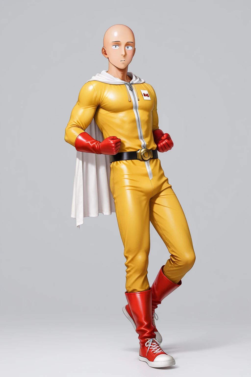 Ancient Japanese ceramic figure of Saitama from One Punch Man, ancient artistic stylings, museum display case