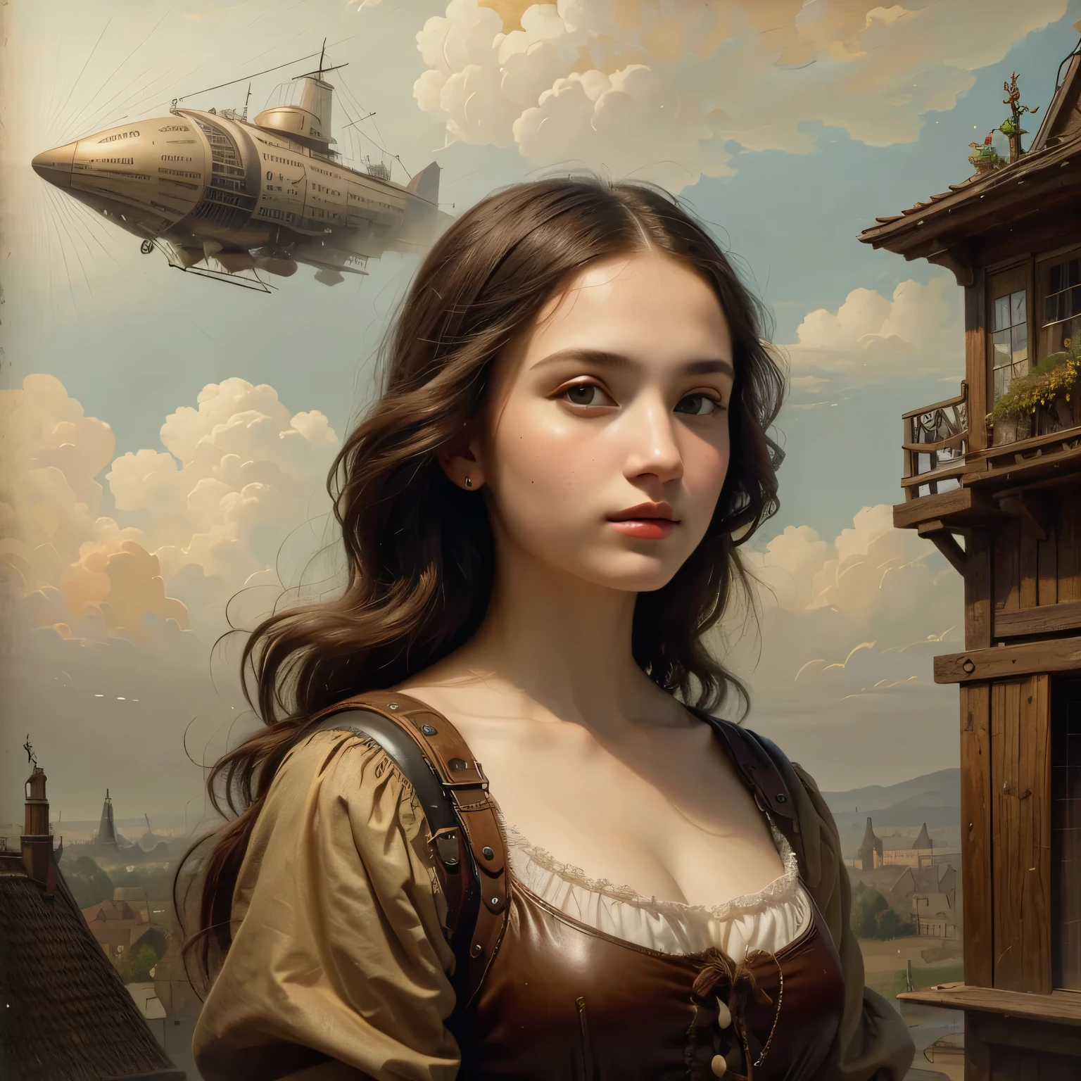 401 ((A 17-year-old woman )),(short hair),(Neat hair),(Ultra High Definition),(Airship Pilots),( Steampunk Airship ),(Leonardo da Vinci Style Paintings)