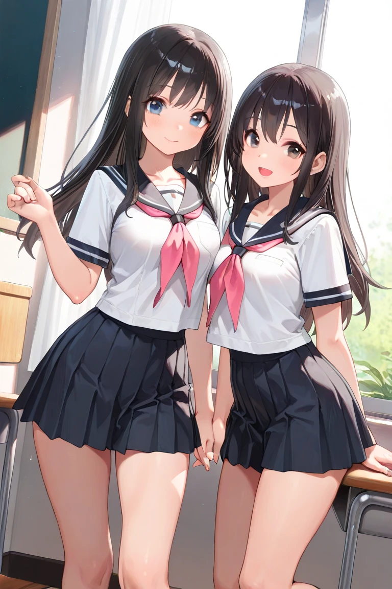 Two high school girls playing with each other、seductive smile、classroom