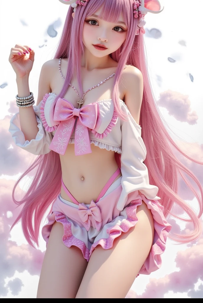 4K realistic,Pink Long Hair,JK skirt,pink Bras,white panties,White suspender stockings,With a shy face,Full body like,There are heads,big pink eyes,Wind-blown panties