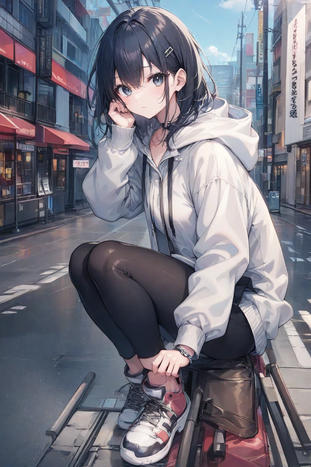 1girl,thighhighs,anklet,black hair,straight_hair,hime cut,long hair,sneakers,huge filesize,