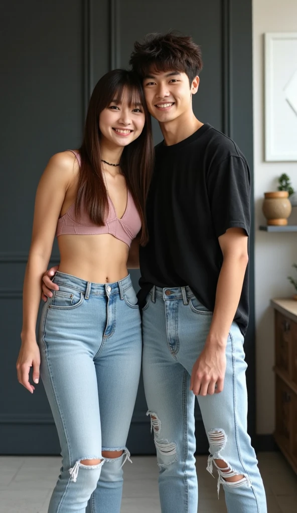 1 man, 1 woman, (male model hugging female model, kissing, intimate relationship: 1.2), Araff woman in pink top and jeans and handsome male model, Korean female fashion model, photo of slim girl model, wearing tight simple clothes, skinny waist and thick buttocks: 1.1, gorgeous young Korean woman wearing sexy cropped top in crop top with crop top Korean girl, casual dress style, 2 4 year old female model, beautiful Korean woman, HD, 16k, realistic, small round face: 1.0, realistic perfect face and skin, detailed beautiful glasses, double eyelids, long eyelashes, swollen eyes, realistic face and eyes, facial light, super detailed facial details, lip gloss, blush: 1.0, brand open crop top (pink, open V-neck, super realistic detailed clothes: 0.8, huge boobs: 1.5, perfect breasts and nipple bulge: 1.5), high-end brand skinny jeans ((super realistic detailed jeans: 0.6)), perfect big boobs, Perfect breasts, perfect waist, perfect buttocks, (enchanting, beautiful, sexy: 1.0), (round calves: 1.2), (white and tender toes: 1.2, wearing high-end designer crystal sandals (stiletto heels: 0.5)), realistic and stylish shawl hair, shoulder length: 1.0, smiling teeth: 1.0, handsome male model: 1.0, private shooting, private shooting, background ((super luxurious yacht, green venue, buffet table, swimming pool, poolside parasols and beach chairs)) , Dancing with a male model: 1.2, Dancing gracefully: 1.5, Autofocus: 1.2, Versatile poses, Full body shooting: 1.5