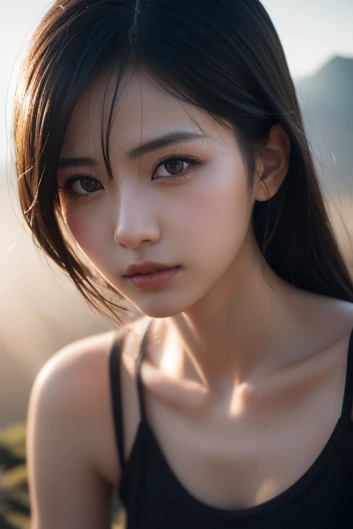 filmg, film portrait photography, 1girl, bare shoulders, wavy shoulder-length hair, serene, calm, (realistic detailed eyes, natural skin texture, realistic face details), soft dramatic lighting, depth of field, bokeh, vibrant details, finely detailed, hyperrealistic, 35mm film, hazy blur