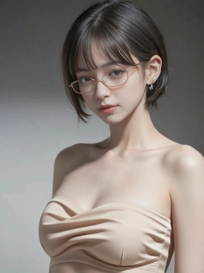 best quality, masterpiece, ultra high res, (((1 girl))), short hair, blue hair, sexy expression, glasses, hairpin, strapless dress, short skirt, exposed shoulders, exposed cleavage, bedroom, cute face