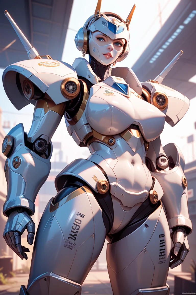 UHD, retina, anatomically correct, textured skin, masterpiece, accurate，SOLO，high quality,extremely detailed，(A robot female),(Iron body:1.7),(shiny skin:1.8),(bright light),open pose,[detail face],(petty human face:1.7),(Police type robot)