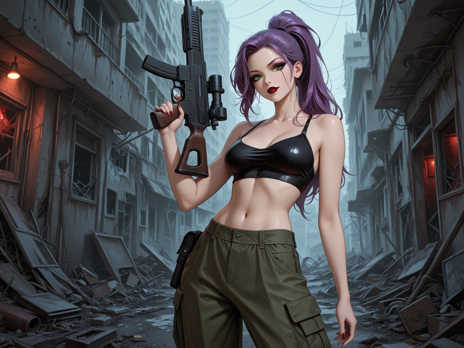 realistic White woman, tall, tied purple air, with rifle, open black militar costume with mini skirt, big boobs,