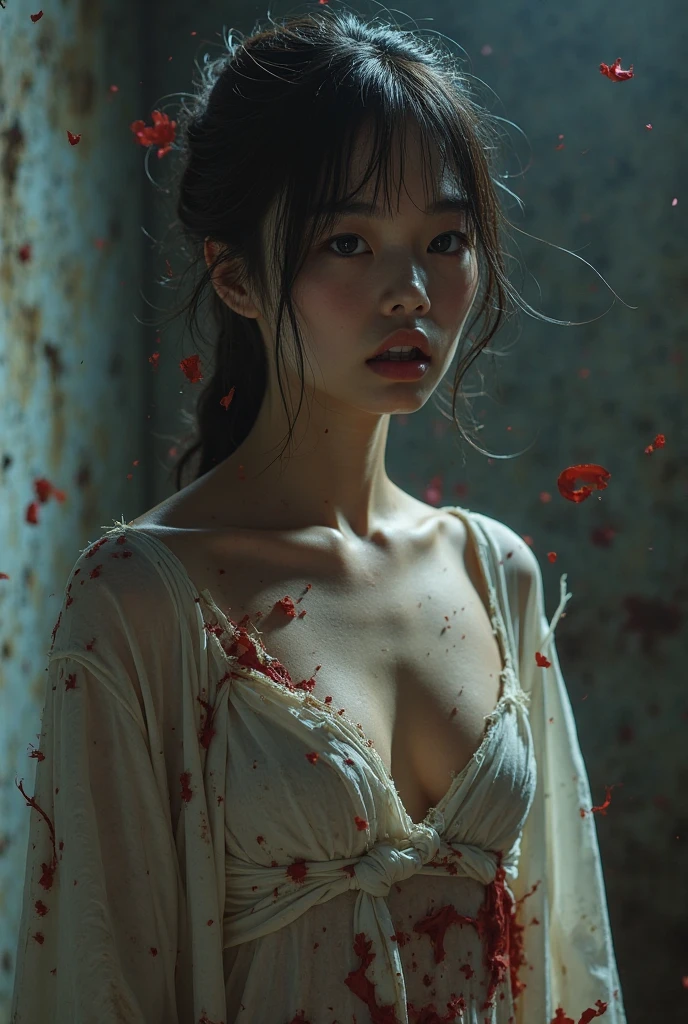 A ballerina with her body covered in blood 