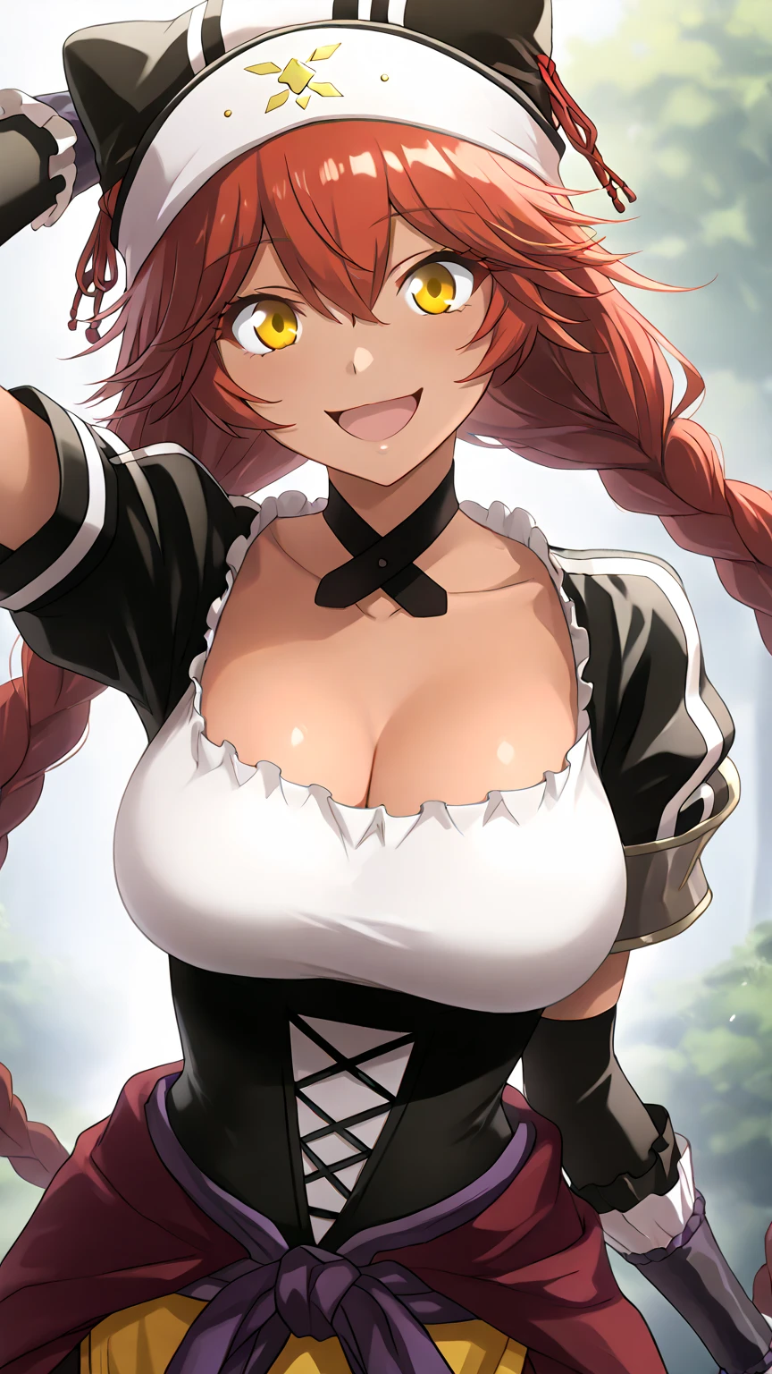 highly detailed, best quality, masterpiece, beautiful woman, mature milf woman, SEXUAL SMILE, 1girl, golf bangle, lupusregina_beta, yellow eyes, red hair, long hair, some braids <lora:Lupusregina Beta v1_1:1> animal hat, maid dress