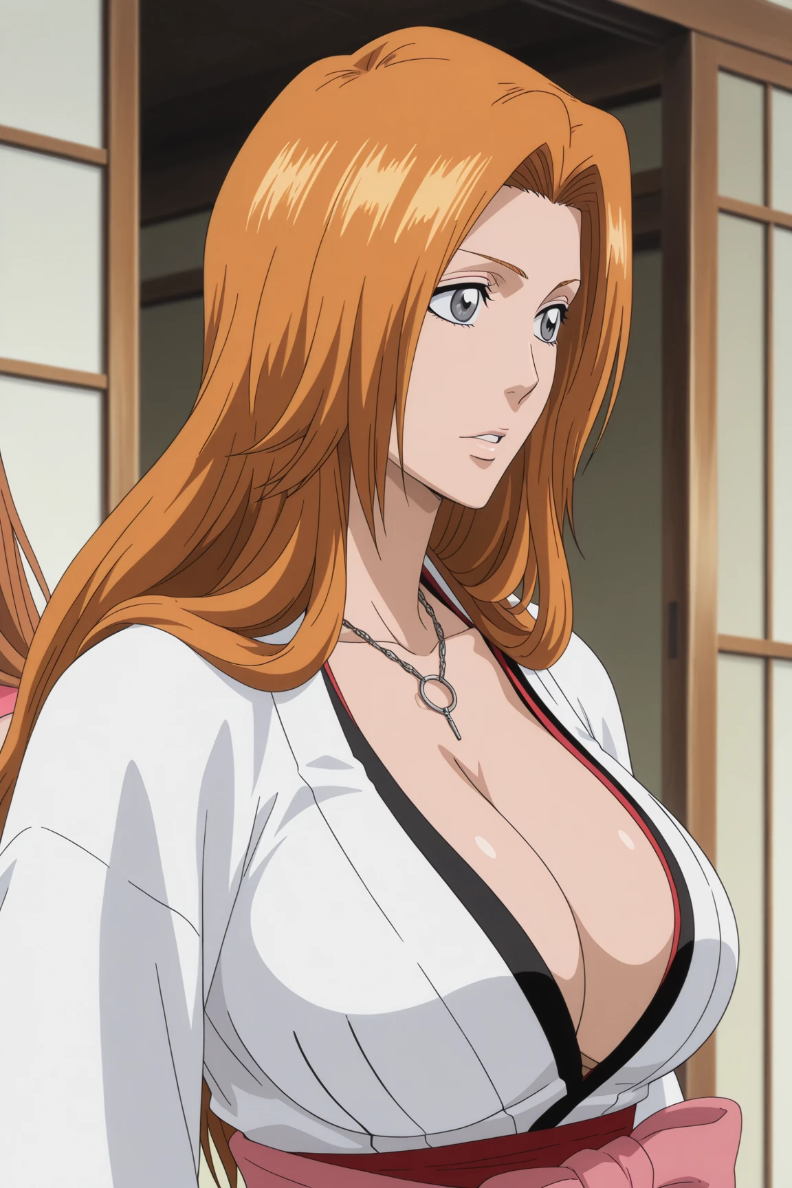 standing pose, (white office shirt), (black short pants), (classroom background), matsumoto rangiku, takeda hiromitsu style, anime cels style, best quality, high resolution, (huge breasts:1.3), cowboy shot, (potrait body), blush, smiling, blue eyes, Blonde hair, bangs,Long_hair, 1 girl, looking at viewer, (orange hairy vagina)