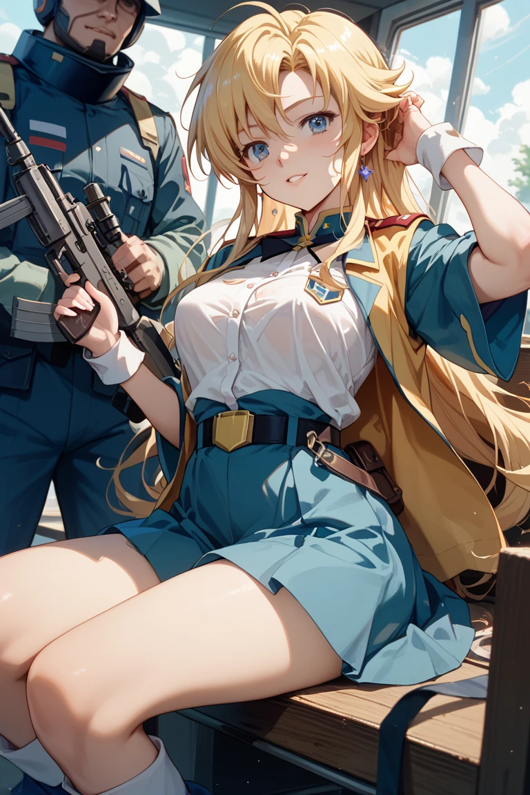 Battlefield, war, medical tent, medic girl, medic soldier uniform, focused, blood, bandages, blonde, ponytail, blue eyes, armband