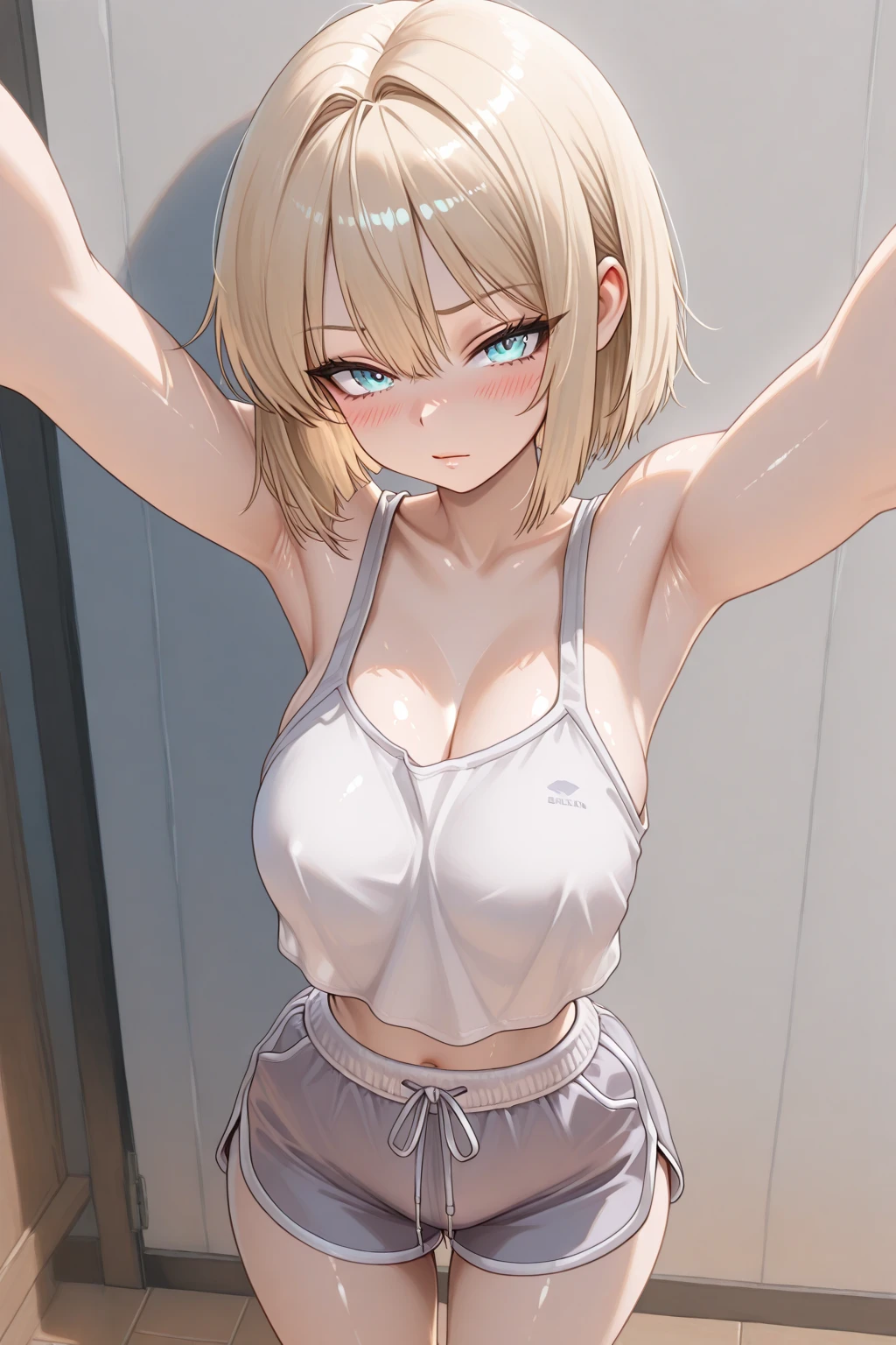 name zoe. 20 year old teenager, beautiful angelic face. red eyes. White skin color. Height 1,70, detailed physique, large breasts and firm medium-high nipples, Short blonde hair. CLOTHES, black tank top. white mini skirt, Body detail, straight and firm posture looking towards the camera sitting. with a smile