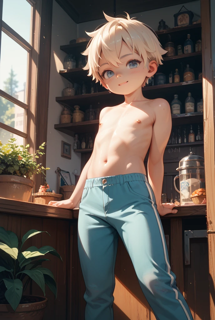 young white boy, unclothed, body wet from sweat, lying on the bed, golden sunlight, blue eyes, blonde hair, seductive expression on his face, sensually protruding tongue, shirtless, very sweaty, without clothes,