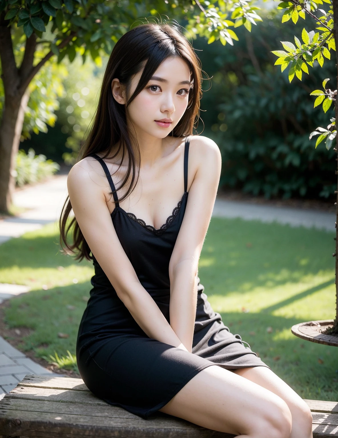 Armpit Hair、Show both sides、High heels(Black)、pantyhose(Black)、garter belt(Black)、Big Breasts、Long Hair(Black、straight)、Squat、Leg spread、Married Woman、first round、Voluptuous、Puddle、Outdoor、garden、Cherry Blossom Viewing、cherry blossoms