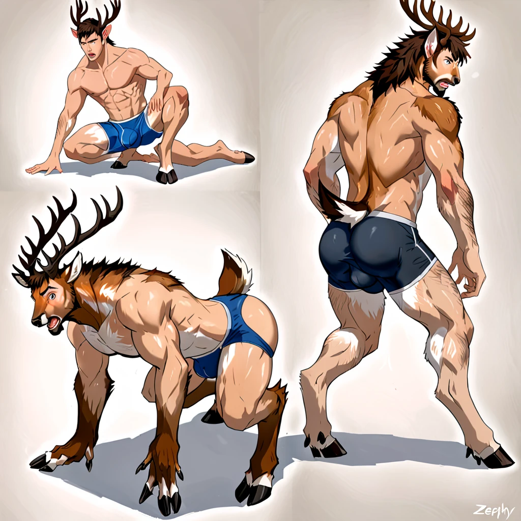Male , white equine, unicorn, Muscular, femboy, solo, thin waist, thick thighs, round ass, hourglass figure, pink thong, bulge, high heels, soft chest, pink mini skirt