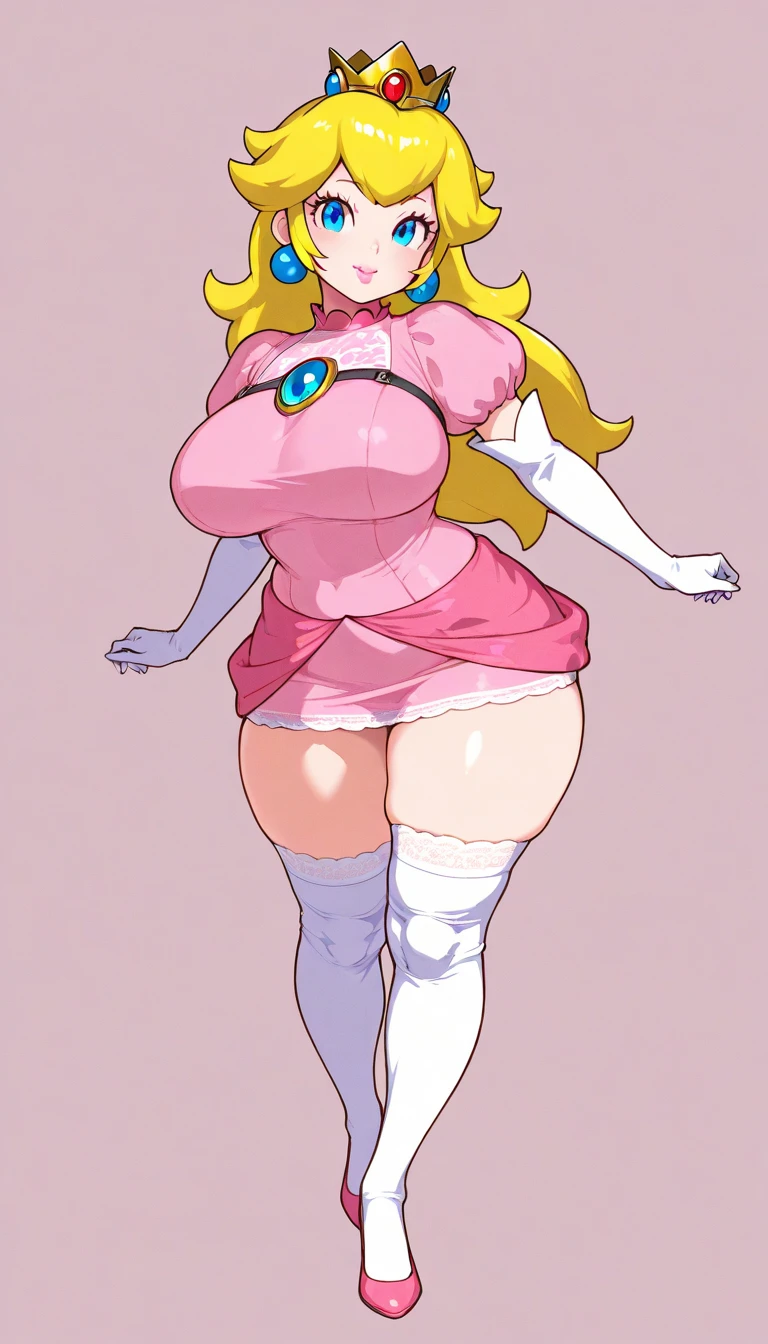 20 year old woman, busty, bubble butt, hourglass figure, skinny, blushing, embarassed expression, horny, long hair, blonde hair, wavy hair, wearing cocktail dress, heeled boots, cleavage, tight fitting clothing, underboob, gray background, anime, flat colors, dynamic pose, hands on chest, heavy make up, kissable lips, red lipstick, low camera angle, seen from below, dynamic camera angle