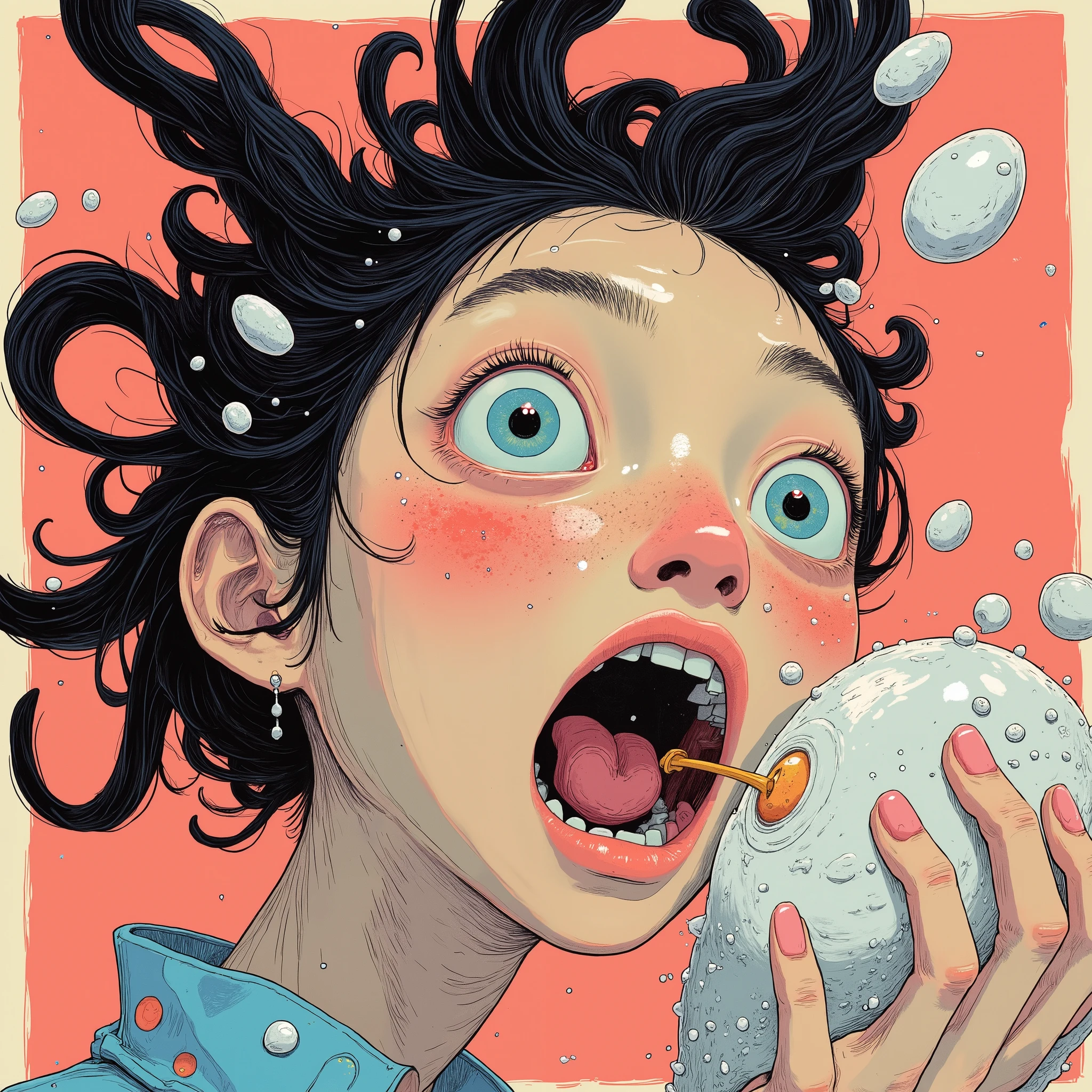 illustration、Art、Director of the Zodiac Ito、OVERACTION、Overreaction、 Pretend you're scared 、very detailed, Realistic Shadows、Analog Style,  color difference, surrealism