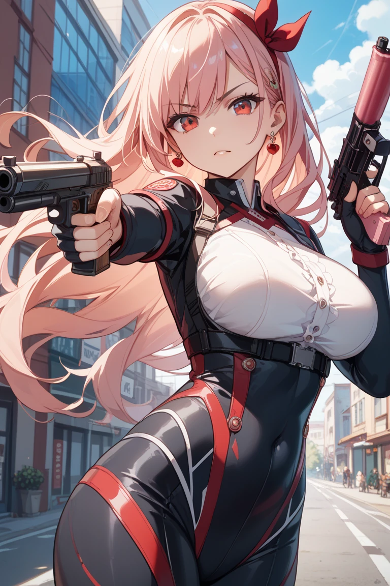 1girl,Negev,one side up,hair ribbon,,hexagram,Starclips,,huge breasts, blush, lipstick, long hair, crazy eyes ,outdoors, rooftop, cityscape, building, railing, night, night sky, scenery, city lights, fur trim, mature female, gloves, fur-trimmed coat ,masterpiece, best quality, highly detailed, a girls with a gun, evil smile , open mouth, sexy gaze, badass pose , evil smile, smile, (nsfw) not safe for work, guns blazing, anime girl with long hair, beautiful long haired girl, navel, evil expression, exposed belly, exposed navel, exposed midriff, exposed lower belly, long black pants, crop top, cleavage, unbuttoned leather pants ,open fly, low rise black leather pants, leather jacket, holding a gun,, navel piercing