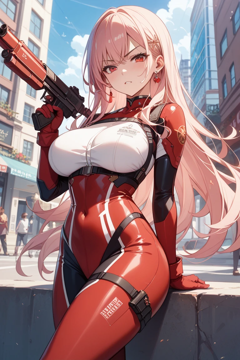 zero two \(darling in the franxx\), darling in the franxx, 1girl, bangs, biting, blush, covered navel, eyeshadow, green eyes, hair behind head, horns, smile, long hair, looking at viewer, makeup, small breasts, pilot suit, red suit, pink hair, red eyeshadow, science fiction, skin tight, solo