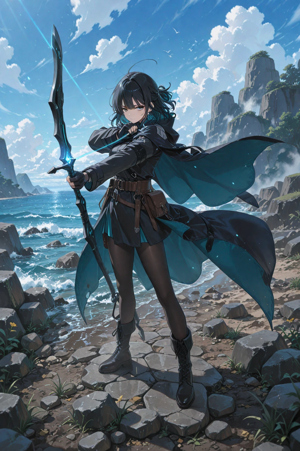 Woman, Mage, short dark blue hair, badass magician clothes, mage hat, elemental master
