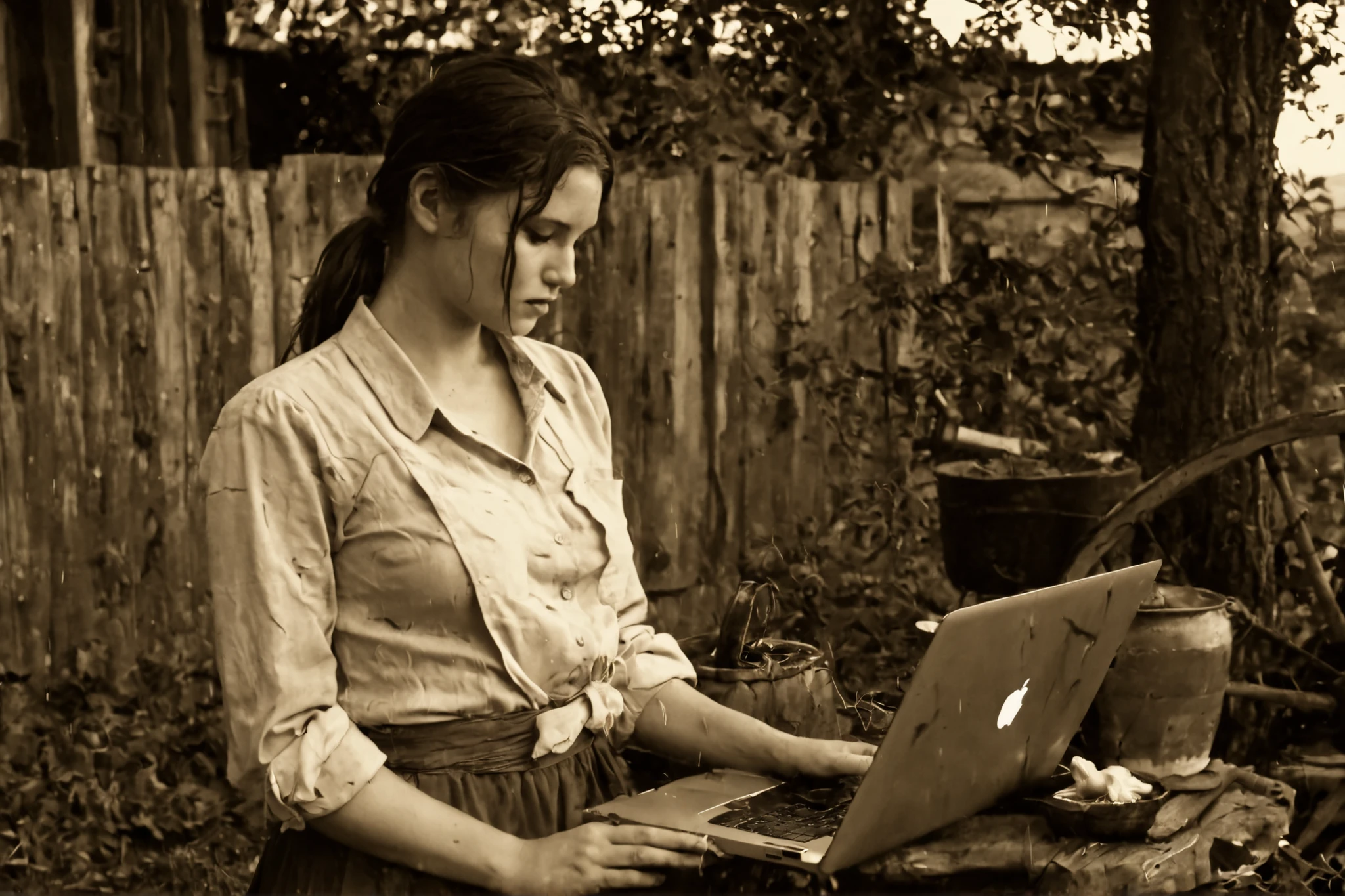 Main subject: modern young adult woman holding a MacBook (sharp modern laptop emphasized), casual outfit with subtle frontier touches (faded kerchief, light apron edge), slightly sheer work-style unbuttoned blouse with rolled-up sleeves and loosely tied bodice suggesting movement and soft curves, (wet breasts), skirt allowing motion, relaxed thoughtful expression, looking off-camera. Contemporary look preserved but textures echo period fabrics.
Setting: late 19th century American frontier homestead, vintage silver gelatin print style—sepia tone, faded earthy colors, heavy film grain, scratches and creased edges, soft vignetting, slight blur, high contrast, golden hour rim light. Dense rustic elements: weathered fence, wagon wheel, cast-iron pot, hanging herbs, dried corn, quilts, wooden buckets, faded photos, rolling prairie, distant wagon. Background softly out of focus for depth. Natural skin sheen aged to analog texture, light leaks, fine scratches, subtle exposure irregularities. Nostalgic overlap of past and present, no explicit content.