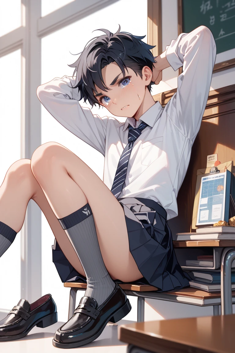dutch angle, (looking away:1.5), masterpiece、high quality、25-year-old man with short black hair and green eyes、Wearing a white Y-shirt、Wearing a dark blue tie、(Alone:1.5)、(Expressionless:1.1)、sitting、The background is an office、computer、
