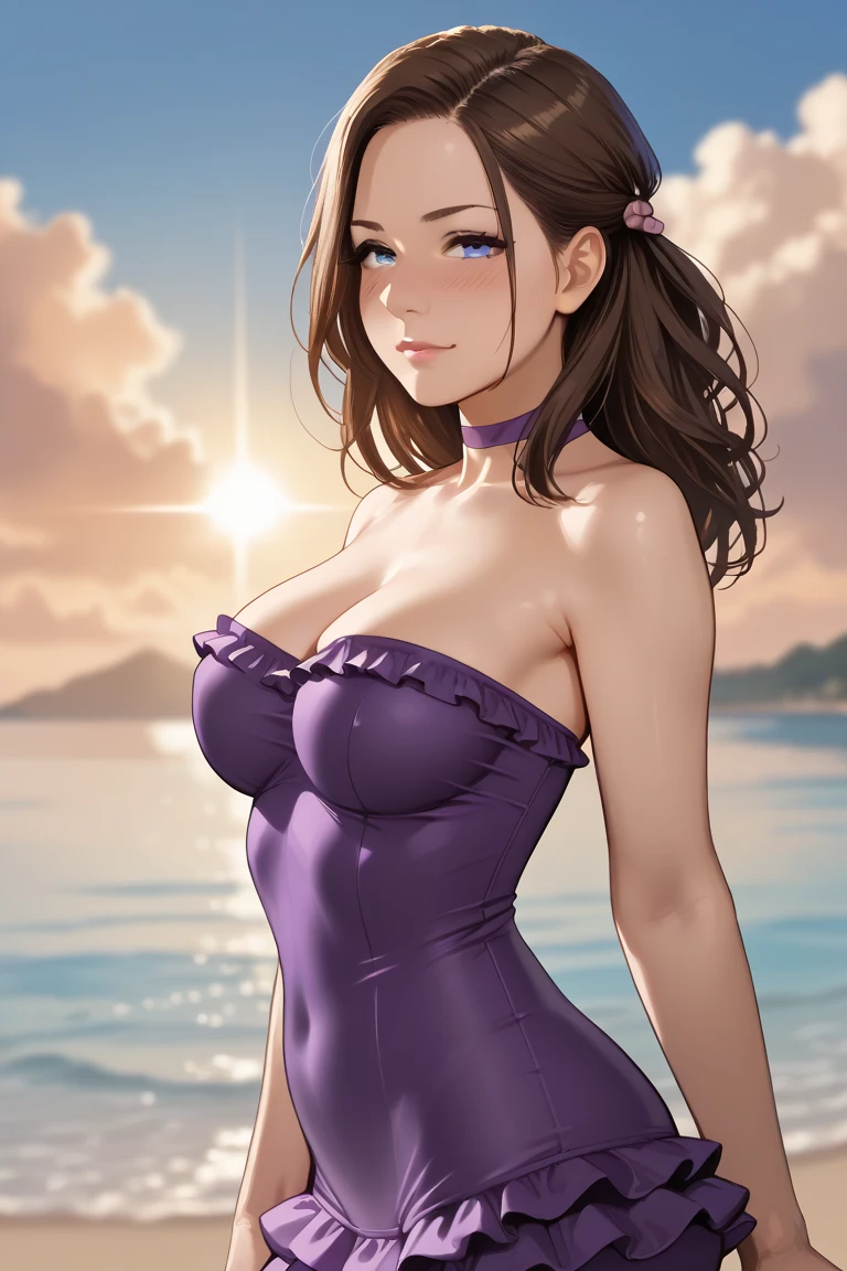 Woman in purple bikini posing in a field of flowers, Fair skin, huge tit, Fitness model, Cocked buttocks, Buttock augmentation, A smile