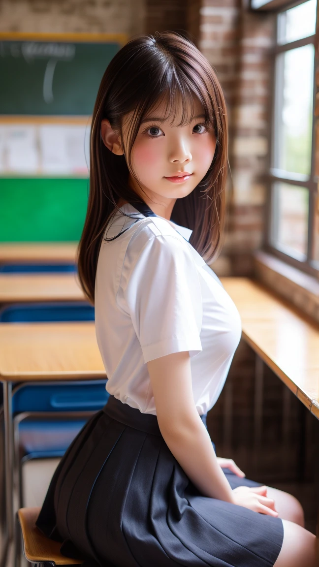 (masterpiece:1.3, highest quality),  (realistic, photorealistic:1.4), perfect lighting, perfect anatomy, looking at the viewer, full body, Front view:0.6, 1 girl, alone, Japanese, high school girl, Improve, big breasts, big ass, seductive thighs, skin dents, (plump body), 
(short hair),  asymmetrical bangs, brown eyes, parted lips, (very tanned and shiny skin), 
beautiful hair, beautiful face, highly detailed face, detailed and beautiful eyes, beautiful clavicle, beautiful body, beautiful breasts, beautiful thighs, beautiful feet, beautiful fingers, ((collared short sleeve shirt, white shirt, school uniform, pink plaid pleated skirt, black tie)), white panties, polka dot hair scrunchie, 
( sexy pose), (enchanting smile), evening,Sit in the classroom,gal,(brown skin:1.5),(view from below),1dildo, underwear, dildo under panties
dildo under clothes
dildo in pussy
standing
