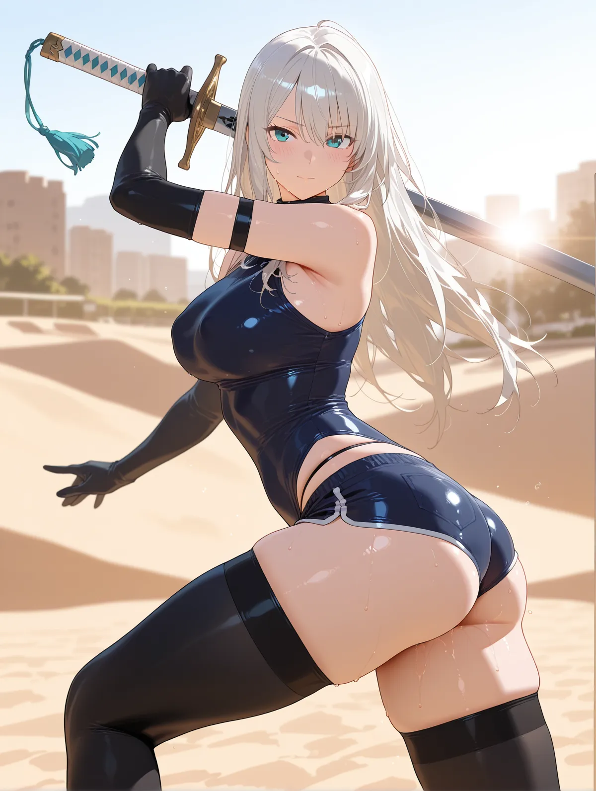 sexy girl, no clothes, girl from the back, black panties, big ass, white background, white hair, white pigtail hair, pink eyes