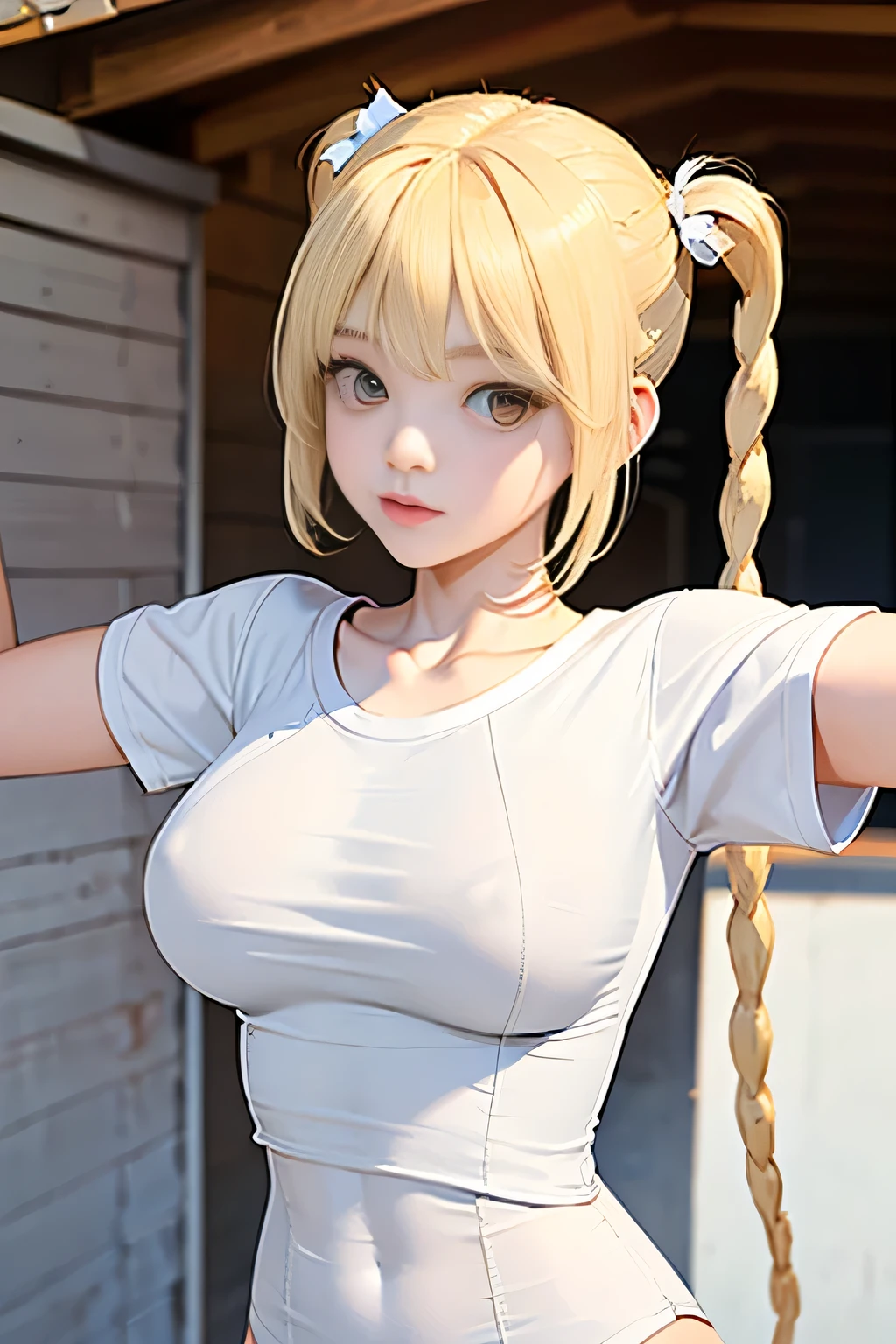masterpiece, (highest quality:1.4), be familiar with, girl, (alone), (blonde:1.5), (Medium hair with twin tails:1.3), (side lock:1.1), (bangs:1.1), (big breasts:1.5), （Ribbon 1.2）, (aqua eye:1.2), (smile:1.5), flowers on the head, (Tank top:1.0), (looking at the viewer:1.2), sexy,  eyes, be familiar with hair, High resolution, outdoors, null, (lit:1.2), look at the viewer、positive、smile at the viewer、
