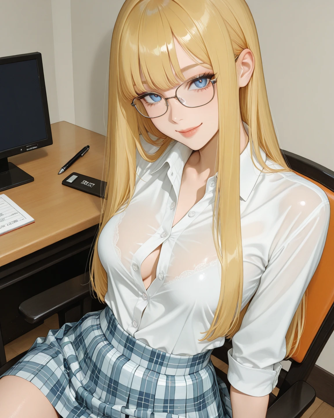 Blonde girl with glasses and pink shirt sitting on the floor, !!Wearing glasses!!, wears glasses, ( ( eye glass ) ), With glasses, wears glasses, Girl with glasses, eye glass, Wearing glasses, wearing lab coat and glasses, !!wearing modern glasses!!, blonde hair and large eyes, wears glasses, high - res