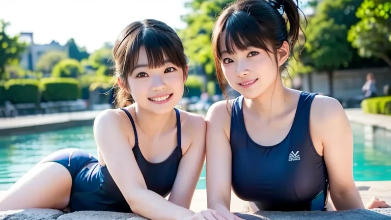 (high quality)、(high resolution)、Two elementary school students、Looking at me with a smile、whole body、Growing and budding breasts